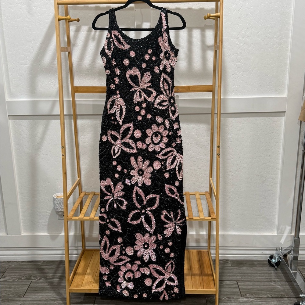 Vintage 100% WOOL glam GOWN in Black and pink